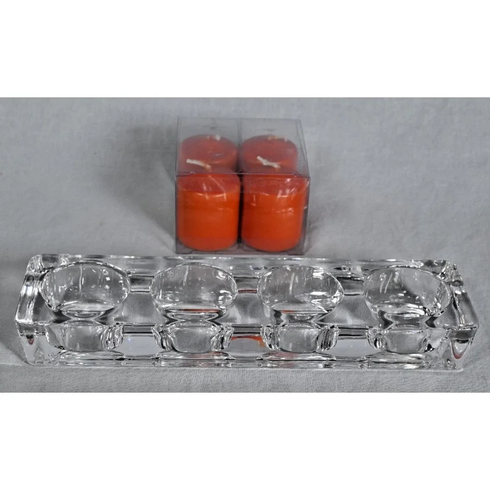 Heavy Glass Rectangle Votive Candle Holder w/ 4 Candles Centerpiece